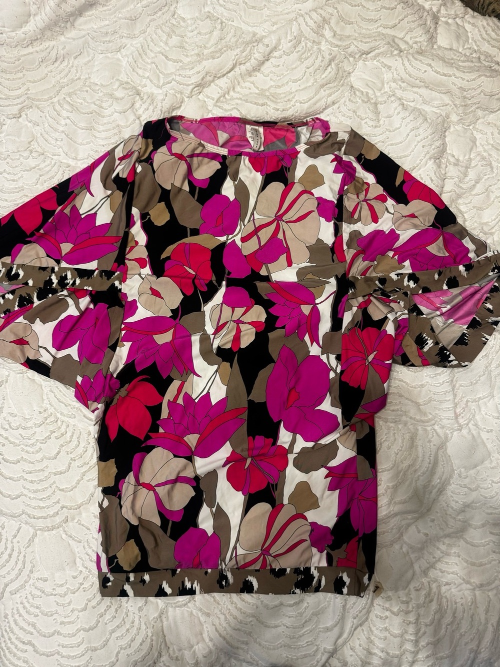 Trina Turk Floral Puff-Sleeve Cover up and swimsuit in Pink, Black & Brown